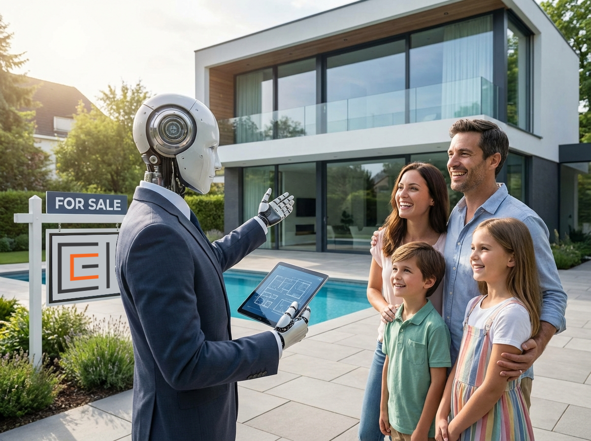 Ένα ανθρωπόμορφο ρομπότ με κοστούμι, που λειτουργεί ως ψηφιακός βοηθός ακινήτων, κρατά ένα tablet και παρουσιάζει μια πολυτελή μοντέρνα βίλα με πισίνα σε μια τετραμελή οικογένεια στον κήπο του σπιτιού.