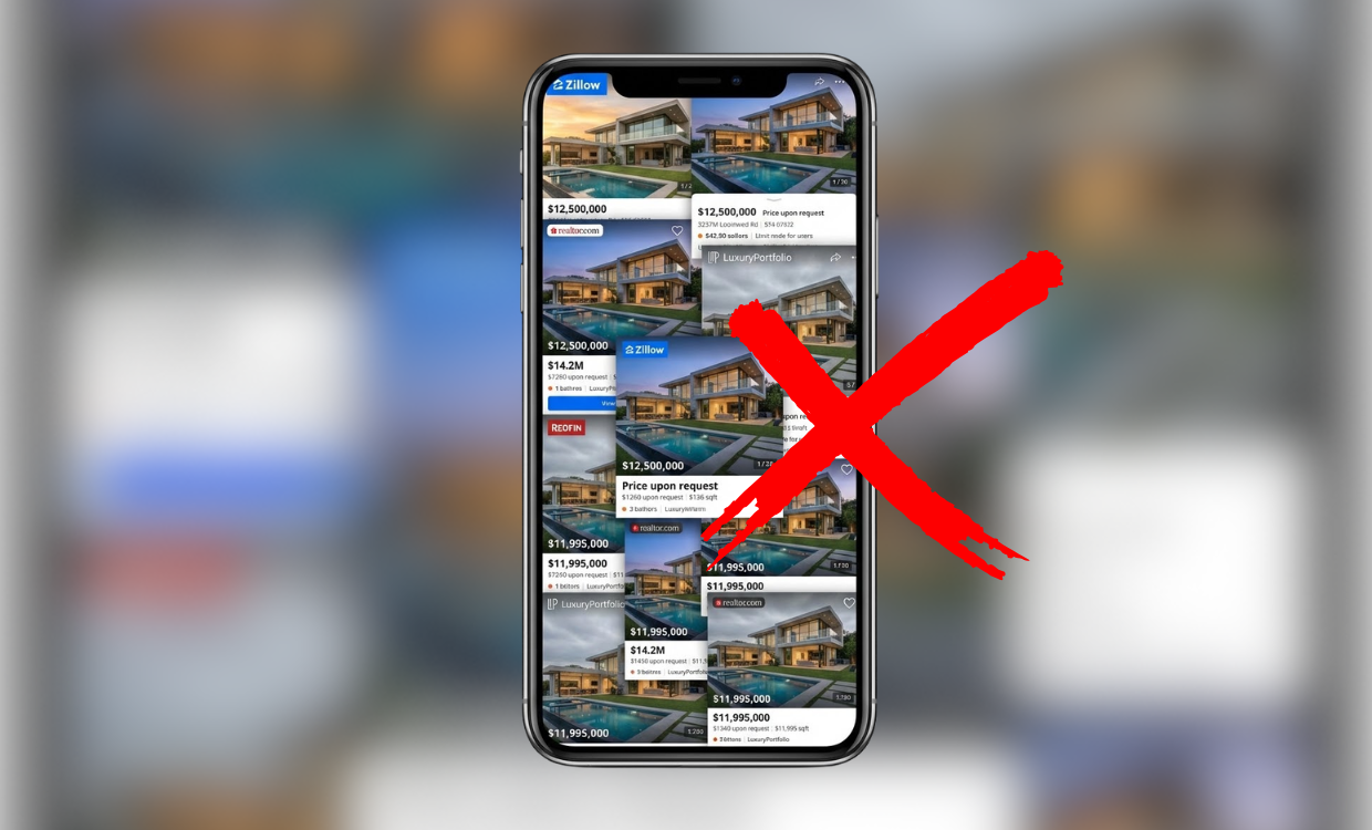 Ένα smartphone που εμφανίζει πολλαπλές, διαφορετικές αγγελίες για το ίδιο πολυτελές ακίνητο, συμβολίζοντας τη σύγχυση που προκαλεί η πολυδιάσπαση της ανάθεσης στην κτηματομεσιτική αγορά