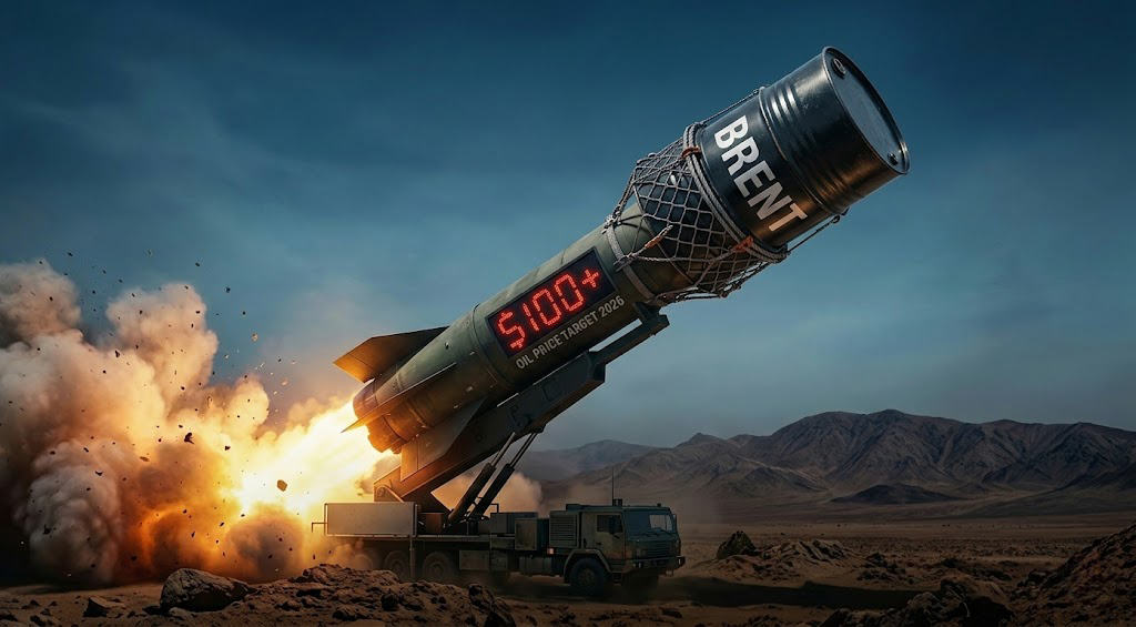A metaphorical image of a missile launching with a Brent oil barrel and a digital $100 price tag, representing the impact of war on the Greek Economy 2026 and rising inflation risks.