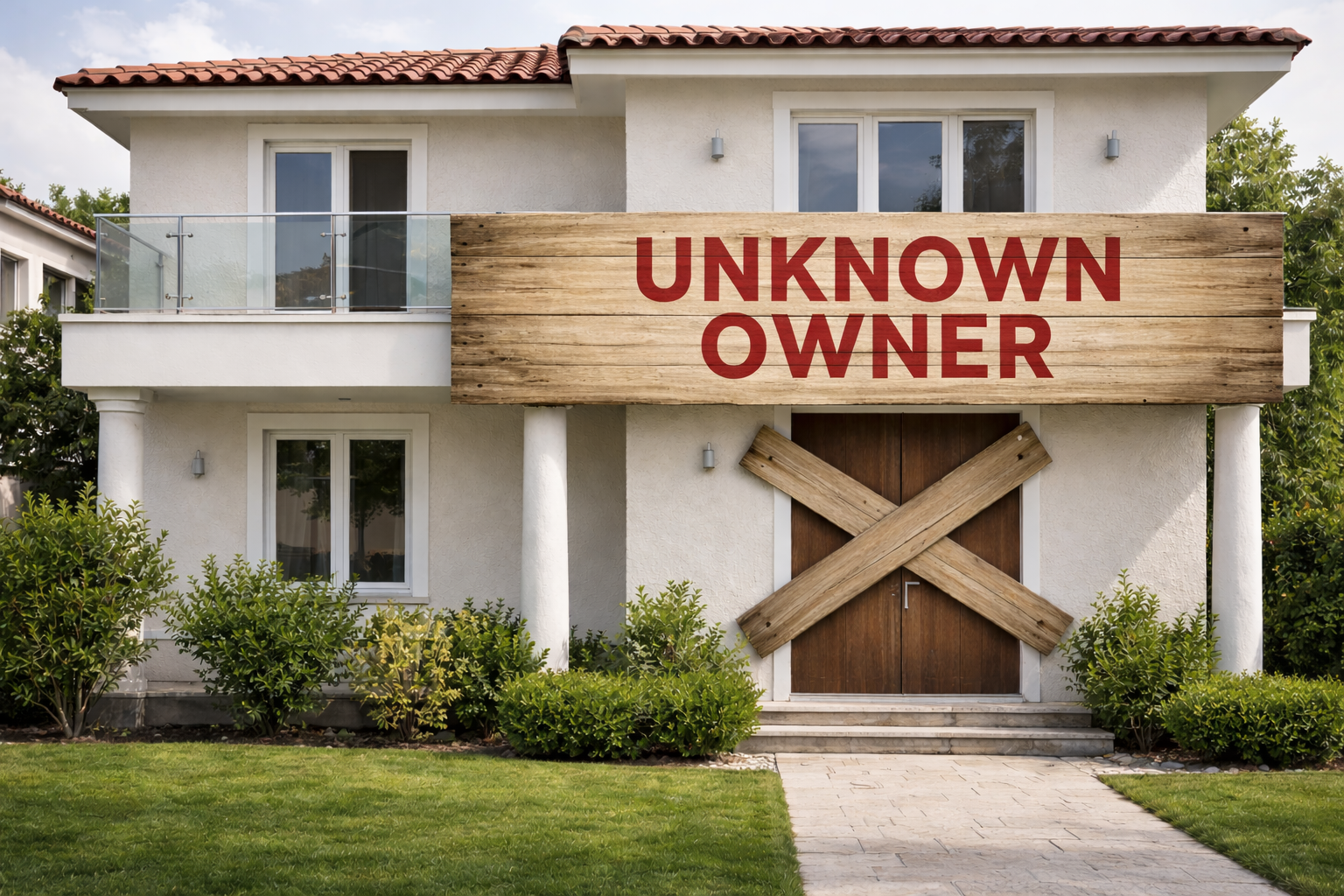 House with unknown owner sign, unregistered property in Greek land registry