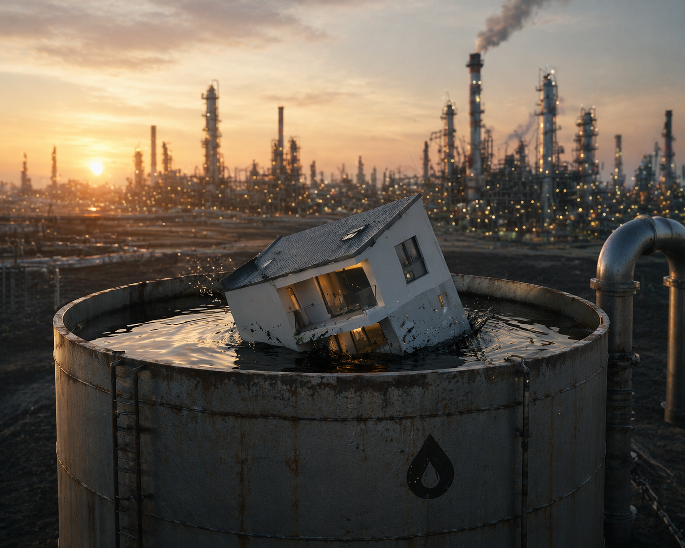 Greek real estate energy crisis - house sinking in oil tank with refinery background