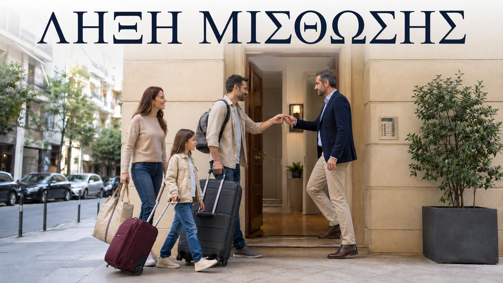 Λήξη μίσθωσης: οικογένεια ενοικιαστών παραδίδει τα κλειδιά στον ιδιοκτήτη έξω από την πόρτα του σπιτιού.