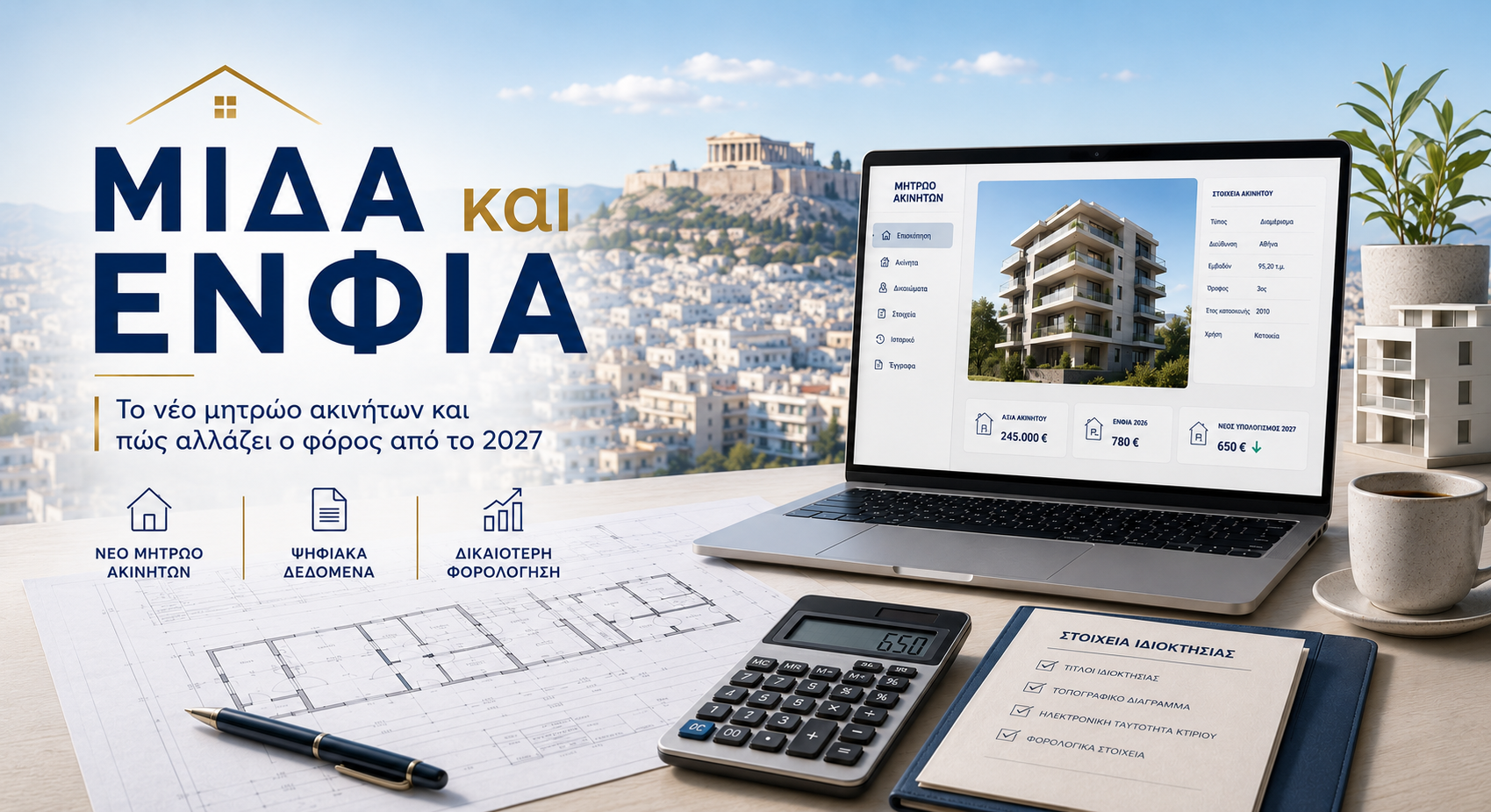 ΜΙΔΑ και ΕΝΦΙΑ, το νέο μητρώο ακινήτων σε οθόνη υπολογιστή με σχέδιο κτιρίου στην Αθήνα