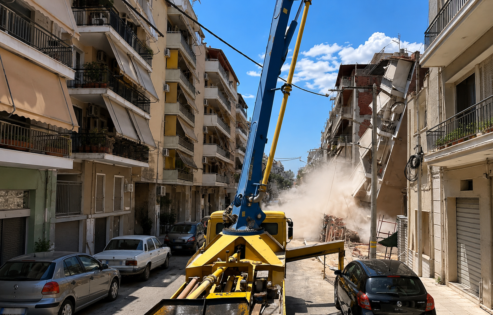 το κτίριο στα Πετράλωνα την ώρα που καταρρέει απο την θεμελίωση όμορου κτιρίου.